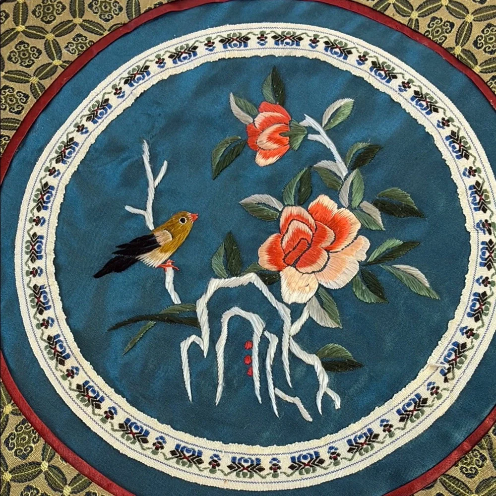 Vintage Chinese Silk Placemat with Floral Bird Embroidered Center - Brocade